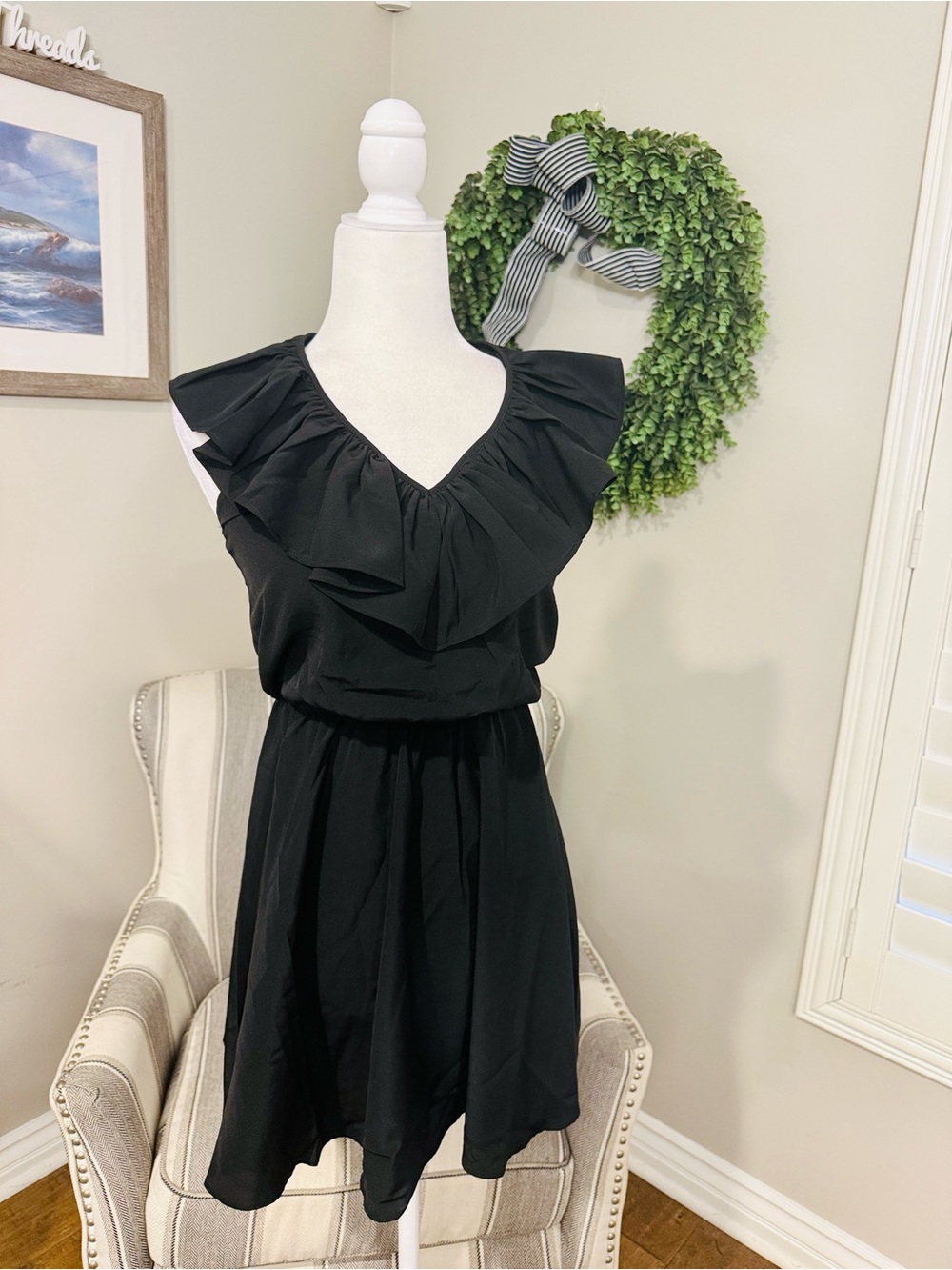 Amanda Uprichard Black Ruffle V-Neck Mini Dress